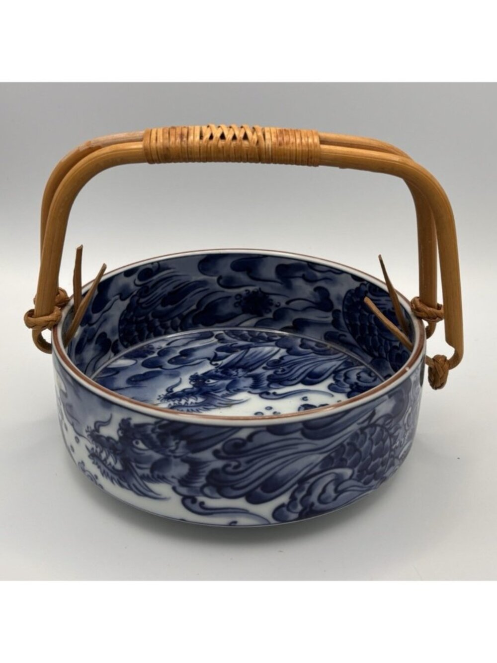Bamboo handle Asian Oriental Dragon Blue/White 6" Porcelain Bowl Made in Japan